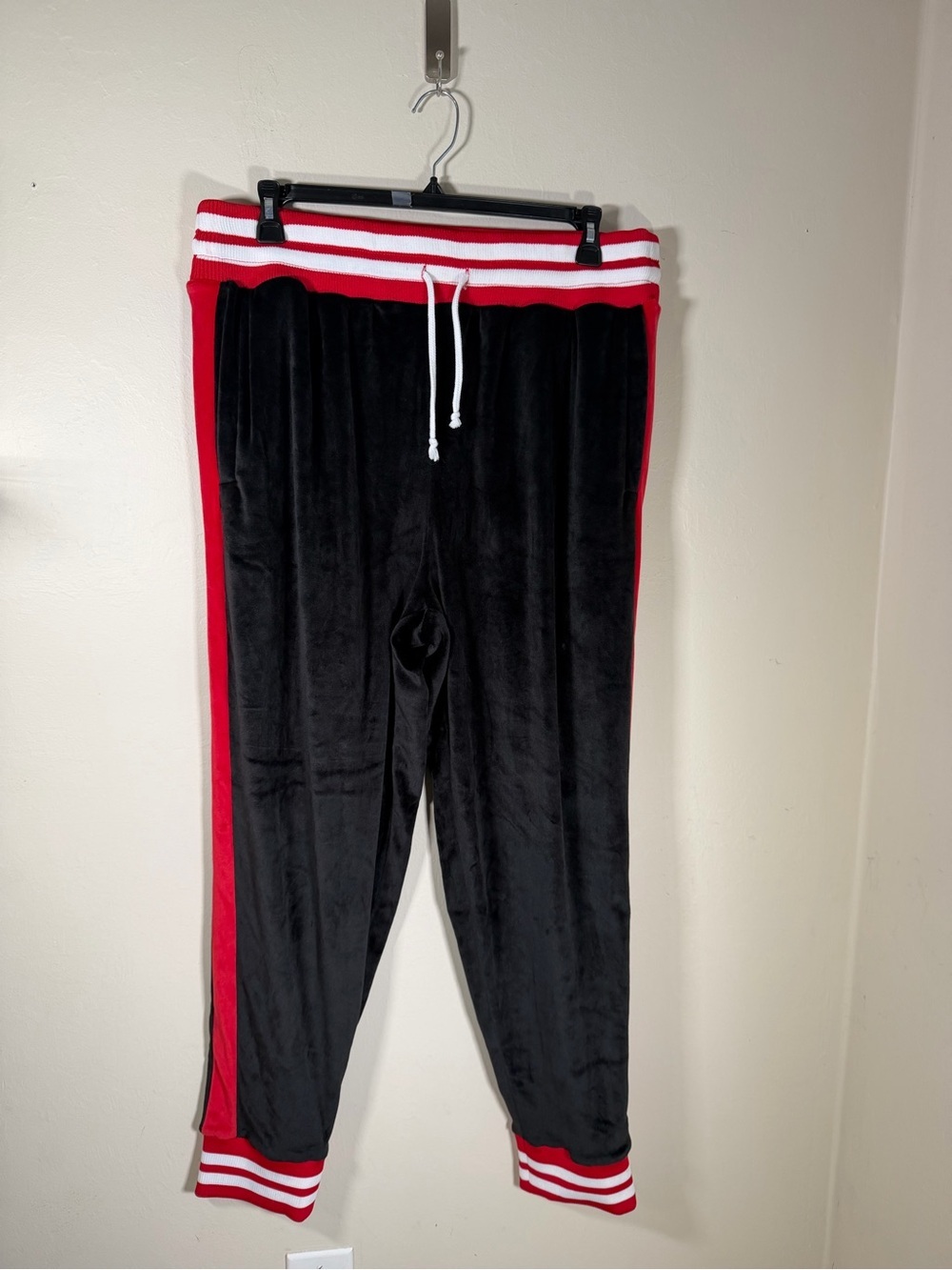 Men's Black Velour Joggers with Red Contrast Stripes
